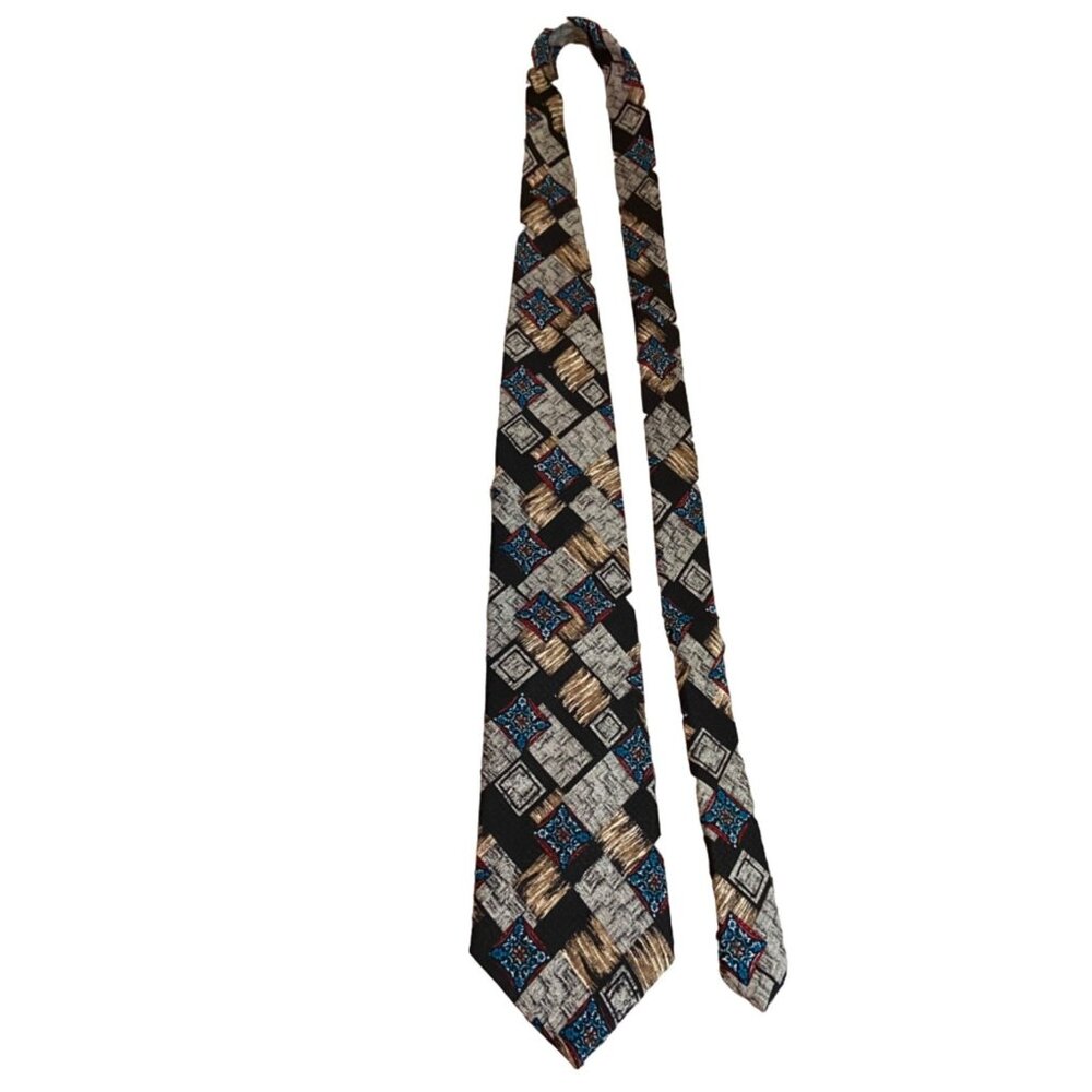 Vintage Reed St. James Mens Silk Neck Tie Black Red Abstract Geometric Print USA